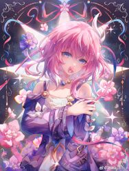 1girl absurdres blue_eyes breasts chinese_commentary coat commentary_request cyrene_(honkai:_star_rail) danli_suri detached_sleeves dress floral_background flower flower_in_mouth hair_ornament highres honkai:_star_rail honkai_(series) jewelry looking_at_viewer necklace pink_flower pink_hair pink_pupils purple_coat purple_flower short_hair small_breasts solo weibo_username white_dress