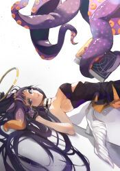 1girl absurdres ao-chan_(ninomae_ina&#039;nis) black_collar black_dress black_gloves blue_eyes breasts collar commentary dress dynamic_pose feathered_wings from_side fur-trimmed_collar fur_choker fur_trim gloves gradient_hair half_gloves halo highres hololive hololive_english littlemisstina_(artist) long_hair looking_at_viewer low_wings mole mole_under_eye multicolored_hair ninomae_ina&#039;nis ninomae_ina&#039;nis_(1st_costume) orange_hair orange_skirt parted_lips pointy_ears purple_eyes purple_hair skirt skirt_under_dress sleeveless sleeveless_dress small_breasts solo straight_hair strapless strapless_dress takodachi_(ninomae_ina&#039;nis) tentacle_hair tentacles tube_dress very_long_hair virtual_youtuber white_wings wings