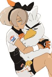 1girl bea_(pokemon) beak bird black_bodysuit black_bow black_hairband bodysuit bodysuit_under_clothes bow bow_hairband cc8nw42u15apug0 closed_mouth creatures_(company) dark-skinned_female dark_skin feathers game_freak gen_8_pokemon gloves grey_eyes grey_hair hair_between_eyes hairband looking_at_viewer nintendo pokemon pokemon_(creature) pokemon_swsh short_hair short_sleeves simple_background single_glove sirfetch&#039;d sitting white_background white_feathers