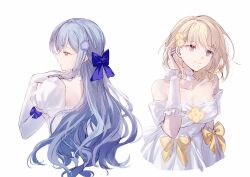 2girls absurdres bang_dream! bang_dream!_it&#039;s_mygo!!!!! blonde_hair blue_hair breasts chinese_commentary choker cleavage closed_mouth collarbone commentary_request dress flower frilled_choker frills hair_flower hair_ornament highres large_breasts long_hair medium_hair misumi_uika multiple_girls muonrei00 off-shoulder_dress off_shoulder puffy_sleeves purple_eyes sidelocks simple_background togawa_sakiko white_background white_choker white_dress yellow_eyes