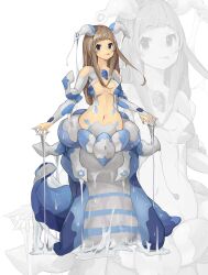1girl absurdres antennae blue_eyes blush breasts brown_hair closed_mouth dripping full_body highres long_hair looking_at_viewer medium_breasts monster_girl mucus navel original shitoi_(aqua1487) slimy slug_girl solo sticky suggestive_fluid tongue tongue_out white_background zoom_layer