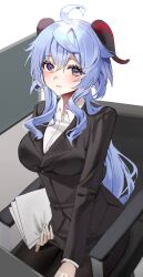 1girl absurdres ahoge black_pantyhose black_skirt blue_hair breasts chair coat emduck ganyu_(genshin_impact) genshin_impact highres holding holding_paper horns long_hair looking_at_viewer low_ponytail medium_breasts office_chair office_lady open_mouth overcoat pantyhose paper pencil_skirt ponytail purple_eyes sidelocks sitting skirt smile solo swivel_chair