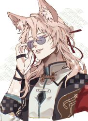 Rule 34 | 1boy, adjusting eyewear, animal ear fluff, animal ears, arm up, closed eyes, colored eyelashes, commentary request, cropped torso, fox ears, hair between eyes, highres, honkai: star rail, honkai (series), jiaoqiu (honkai: star rail), long hair, male focus, mandarin collar, parted lips, pink hair, round eyewear, seigaiha, semi-rimless eyewear, shirt, smile, solo, sunglasses, teeth, white background, white shirt, xo 5ss