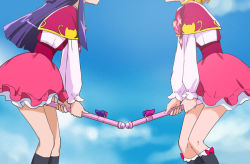 Rule 34 | 2girls, asahina mirai, blonde hair, broom, broom riding, cloud, day, haruyama kazunori, head out of frame, izayoi liko, kneehighs, long hair, magic school uniform (mahou girls precure!), mahou girls precure!, multiple girls, precure, purple hair, riko (mahou girls precure!), school uniform, short hair, skirt, sky, socks