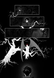 2boys bare_tree benkdjjituibot black_background black_coat black_hair branch coat color_contrast crossed_legs demon_horns elbow_rest elbows_on_knees faceless feathered_wings film_grain grey_wings greyscale hands_on_own_chin head_tilt highres horns in_tree kim_dokja looking_at_another male_focus monochrome multiple_boys multiple_views omniscient_reader&#039;s_viewpoint outside_border plant_roots popped_collar red_horns short_hair sitting sitting_in_tree sky spot_color star_(sky) starry_sky tree white_coat wings yoo_joonghyuk