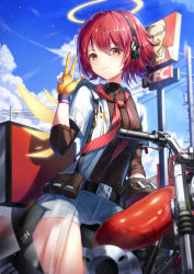 1girl absurdres arknights belt black_belt black_shirt blue_sky cloud colonel_sanders commentary day exusiai_(arknights) exusiai_(city_rider)_(arknights) fall_(aki) gloves halo hand_up headphones highres kfc long_sleeves looking_at_viewer motor_vehicle motorcycle neckerchief official_alternate_costume open_clothes open_shirt orange_eyes red_hair red_neckerchief shirt short_hair short_shorts shorts sky smile solo thighs w white_shirt white_shorts