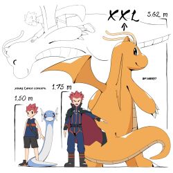1boy aged_down arrow_(symbol) belt black_belt black_cape black_eyes blue_jacket blue_pants boots cape claws commentary dragonite dratini gen_1_pokemon height highres jacket lance_(pokemon) long_sleeves looking_at_viewer male_focus multiple_views nintendo open_mouth pants partially_colored pokemon pokemon_(creature) pokemon_hgss psaber97 red_hair riding riding_pokemon short_hair standing twitter_username white_background