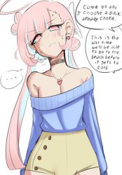 1boy angelicshiba blush collar earrings highres jewelry off_shoulder original pink_eyes pink_hair shorts speech_bubble sweater trap