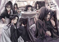+++ 2boys ahoge bare_shoulders bathtub bishounen black_hair black_hanfu blush bubble chibi chibi_inset chinese_clothes closed_eyes closed_mouth curtains feathers grey_eyes hair_ribbon hand_on_another&#039;s_face hanfu headband high_ponytail highres hug in_bathtub lan_wangji long_hair long_sleeves looking_at_another male_focus modao_zushi multiple_boys multiple_views off_shoulder open_mouth ponytail red_ribbon ribbon robe robe_partially_removed semiusa1010 sidelocks smile topknot twitter_username very_long_hair water watermark wei_wuxian wet wet_hair white_feathers white_hanfu white_headband wide_sleeves wooden_bathtub xiao_guan_(headdress) yaoi yellow_eyes