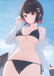 1girl absurdres ahoge bikini bird black_bikini black_hair black_tail blue_sky breasts cleavage cloud cowboy_shot day ellen_joe fins fish_tail highres large_breasts lollipop_in_mouth mole mole_under_eye navel off_shoulder open_clothes open_shirt outdoors pige_pig red_eyes red_hair red_nails shark_girl shark_tail shirt short_hair side-tie_bikini_bottom sky solo stomach swimsuit tail underboob white_shirt zenless_zone_zero