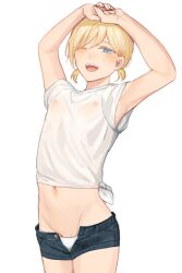 Rule 34 | 1boy, androgynous, armpits, arms up, blonde-haired boy (sunaba (nczd5875)), blonde hair, blue eyes, bulge, fang, groin, looking at viewer, male focus, midriff, navel, nipples, one eye closed, open fly, original, panties, pantyshot, see-through clothes, see-through shirt, shirt, short twintails, shorts, simple background, smile, solo, stretching, sunaba (nczd5875), thighs, tied shirt, trap, twintails, underwear, wet, wet clothes, white background