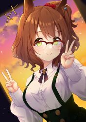 1girl absurdres animal_ears aston_machan_(umamusume) atelier_z44 breasts brown_hair double_v dress ear_piercing evening green_eyes green_overskirt hair_ornament hair_scrunchie highres horse_ears horse_girl large_breasts light_smile piercing red-framed_eyewear scrunchie shirt short_hair side_ponytail solo umamusume v white_shirt