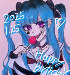 1girl amemiya_darumi black_bow black_hair blue_hair bow candy collar collarbone ear_piercing face_piercing fingernails food happy_birthday heart holding_candy holding_lollipop lip_piercing lollipop long_hair looking_at_viewer makeup multicolored_hair piercing pink_background pink_eyes runny_makeup safety_pin shirt simple_background smile striped_clothes striped_shirt teeth the_hundred_line_-last_defense_academy- tongue tongue_out twintails upper_body upper_teeth_only