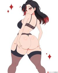 Rule 34 | 1girl, artist name, ass, ass support, asymmetrical bangs, black bra, black garter belt, black hair, black panties, black thighhighs, blush, bra, breasts, closed mouth, colored tips, commentary, commission, cowboy shot, english commentary, erobliss, from behind, garter belt, heart, highres, large breasts, long hair, looking at viewer, looking back, median furrow, multicolored hair, nail polish, original, panties, patreon logo, red eyes, red nails, simple background, skindentation, smile, solo, thick thighs, thighhighs, thighs, thong, underwear, underwear only, white background