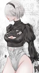 Rule 34 | 1girl, 2b (nier:automata), abeinoddword, black hairband, breasts, cleavage cutout, clothing cutout, grey background, groin, hairband, highleg, highleg leotard, highres, leotard, medium breasts, mole, mole under mouth, nier:automata, nier (series), pink lips, puffy sleeves, short hair, signature, solo, standing, watermark, white hair