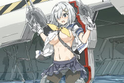 1girl between_breasts black_pantyhose blue_eyes blue_skirt breasts dock embarrassed gloves grey_hair hair_over_one_eye hamakaze_(kancolle) kantai_collection large_breasts miniskirt navel neck_ribbon open_clothes open_mouth panties panties_under_pantyhose pantyhose ribbon sailor_collar sakakibara_taiga school_uniform serafuku short_hair skirt solo strap_between_breasts tight_clothes underboob underwear upper_body white_gloves white_panties