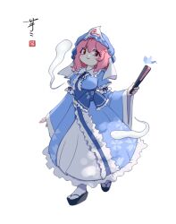 1girl ay606078 blue_hat blue_kimono blush breasts closed_mouth commentary folded_fan folding_fan frilled_kimono frills full_body hand_fan hat highres hitodama holding holding_fan japanese_clothes kimono long_sleeves looking_at_viewer medium_hair mob_cap neck_ribbon pink_eyes pink_hair platform_sandals ribbon saigyouji_yuyuko sandals signature simple_background sleeve_garter smile socks solo tabi touhou triangular_headpiece white_background white_socks wide_sleeves