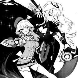 2girls breasts chef_hat cleavage detached_sleeves dismassd earrings feather_earrings feathers greyscale hat highres hololive hololive_english jewelry large_breasts long_hair looking_at_viewer monochrome mori_calliope mori_calliope_(1st_costume) multiple_girls open_mouth simple_background skirt smile takanashi_kiara takanashi_kiara_(1st_costume) thighhighs virtual_youtuber white_background