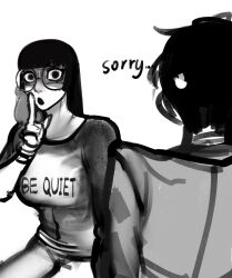 2girls animal animal_on_shoulder ayaki_blade blunt_bangs breasts chinchilla_(animal) commentary english_commentary english_text finger_to_mouth formal_clothes glasses greyscale highres long_hair medium_breasts mixed-language_commentary monochrome multiple_girls original round_eyewear shaded_face short_hair shushing suit sylense_(ayaki_blade) tomoka_(ayaki_blade)