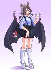 absurdres alternate_costume animal_ears bag bat_ears bat_girl black_skirt blue_eyes blue_shirt blush brown_hair cellphone full_body grey_hair hair_between_eyes highres hilgendorf&#039;s_tube-nose_bat_(kemono_friends) kemono_friends long_sleeves looking_at_viewer loose_socks mask phone pleated_skirt school_bag school_uniform shinkaisoku shirt shoes short_hair sidelocks skirt smartphone sneakers socks t-shirt tengu_mask white_shoes white_socks