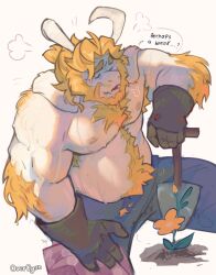 1boy arm_hair armpit_hair armpit_peek asgore_dreemurr bara bare_pectorals beard biceps black_gloves blonde_hair blue_pants body_hair bug chest_hair closed_eyes commentary demon_boy demon_horns english_commentary facial_hair fang fat fat_man floppy_ears flower furrowed_brow furry furry_male gardening gloves goat_horns hand_on_own_leg highres holding holding_shirt holding_shovel holding_unworn_clothes horns insect kneeling ladybug long_hair male_focus muscular muscular_male navel nipples pants pectoral_cleavage pectorals planting puff_of_air shirt shovel skin_fang speech_bubble steaming_body sweat sweatdrop thick_eyebrows topless_male uncle_quil_(overcyan) undertale unworn_shirt very_sweaty white_background