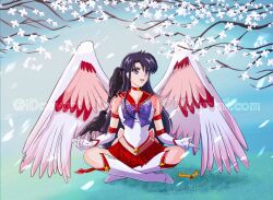 Rule 34 | 1girl, angel wings, animal, animal on arm, animal on shoulder, bird, bird on arm, bird on shoulder, bishoujo senshi sailor moon, black bird, black hair, boots, crossed legs, crow, gloves, happy, hino rei, indian style, knee boots, kneecap, kneecaps, leggings, legs, long hair, long legs, magical girl, meditation, on floor, on ground, open mouth, purple eyes, purple hair, red skirt, resting, sailor mars, sitting, skirt, smile, super sailor mars (stars), very long hair, white footwear, white gloves, wings, yellow star