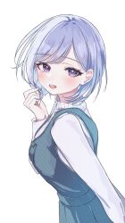 1girl blue_hair blush breasts commentary_request dress green_dress highres idolmaster idolmaster_shiny_colors long_sleeves looking_at_viewer looking_to_the_side maruno_zzz medium_breasts official_alternate_hairstyle purple_eyes short_hair simple_background smile solo suzuki_hana sweater white_background white_sweater