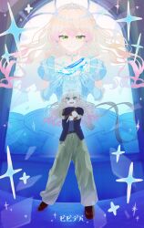 Rule 34 | 1girl, absurdres, alternate costume, alternate hairstyle, belt, bibbidiba (hololive), black jacket, blonde hair, blue dress, brown shoes, closed mouth, commentary, crossed bangs, double-parted bangs, dress, earrings, fang, floating hair, frilled dress, frills, full body, glass slipper, gradient hair, green eyes, green pants, half-closed eyes, hands up, hashtag-only commentary, highres, hololive, indoors, jacket, jewelry, karashioo, long hair, looking at object, looking at viewer, momosuzu nene, multicolored hair, multiple views, open mouth, pants, pink hair, projected inset, shoes, smile, sparkle, standing, symbol-only commentary, translation request, virtual youtuber