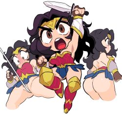 1girl armor armpits ass bare_shoulders between_labia black_hair blue_skirt blush bracer brown_eyes chibi commentary cropped_legs dc_comics eyelashes female_pubic_hair fingerless_gloves gashi-gashi gloves greaves highres holding holding_sword holding_weapon long_hair no_panties open_mouth pubic_hair rope simple_background skirt spread_legs superhero_costume sword symbol-only_commentary thick_thighs thighs tiara weapon white_background wonder_woman wonder_woman_(series)