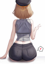 1girl absurdres anis_(nikke) ass bare_arms bare_shoulders black_hat black_shorts brown_hair from_behind goddess_of_victory:_nikke hand_up hat heart highres short_hair short_shorts shorts simple_background sitting solo subob_(subobdesu) v white_background