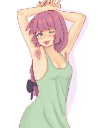 1girl armpit_hair armpits blush bocchi_the_rock! breasts dress green_dress hand_up hiroi_kikuri long_hair looking_at_viewer medium_breasts no_bra one_eye_closed open_mouth red_hair simple_background solo standing tongue tongue_out treepxiv upper_body white_background