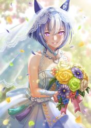 1girl alternate_costume blush breasts bridal_veil cesario_(umamusume) collarbone commentary_request dress flower hair_between_eyes hair_ornament highres horse_girl jewelry medium_breasts medium_hair necklace official_alternate_costume otono_(bkt4b) petals purple_eyes ribbon sleeveless solo umamusume veil wedding_dress