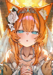 1boy 1girl alternate_costume animal_ears aqua_eyes bare_shoulders betabeet blue_archive blush cat_ears cat_girl collarbone commentary dress flower hair_flower hair_ornament halo hands_on_another&#039;s_shoulders highres incoming_kiss jewelry looking_at_viewer mari_(blue_archive) necklace open_mouth orange_hair own_hands_together pearl_necklace ring see-through_clothes see-through_veil tiara upper_body veil wedding_dress wedding_ring white_flower yellow_halo