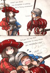 &gt;_&lt; 2girls armor blonde_hair blue_eyes boobplate breastplate brown_hair codpiece english_text hand_on_hilt hat helm helmet highres holding holding_polearm holding_sword holding_weapon ironlily landsknecht landsknecht_(ironlily) long_sleeves multiple_girls original pike_(weapon) polearm puffy_long_sleeves puffy_sleeves reislaeufer_(ironlily) sheath sheathed smile sword weapon