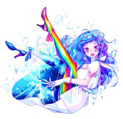 1girl air_bubble black_pantyhose blue_hair blue_theme bubble full_body high_heels highres kujaku_(w9289) long_hair looking_at_viewer open_mouth original pantyhose pink_eyes rainbow shirt simple_background smile solo