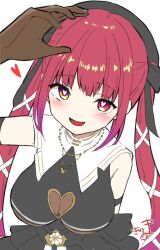 1girl :d arm_up beret black_hat black_shirt blush breasts brown_eyes brown_gloves cleavage_cutout clothing_cutout commentary_request crop_top elbow_gloves gloves gradient_hair hat heart heart-shaped_pupils heart_cutout heterochromia hololive houshou_marine houshou_marine_(ahoy!!_you&#039;re_all_pirates) incoming_headpat kiritoma large_breasts long_hair looking_at_viewer multicolored_hair open_mouth purple_hair red_eyes red_hair shirt sidelocks signature simple_background smile solo symbol-shaped_pupils twintails upper_body very_long_hair virtual_youtuber white_background