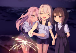 Rule 34 | 3girls, absurdres, akaneko016, bare shoulders, black dress, black hair, blue shorts, blue skirt, blush, breasts, brown eyes, chloe von einzbern, closed eyes, collared shirt, dark-skinned female, dark skin, dress, fate/kaleid liner prisma illya, fate (series), fireworks, highres, illyasviel von einzbern, long hair, looking at viewer, miyu edelfelt, multiple girls, off shoulder, open mouth, orange eyes, pink hair, shirt, short sleeves, shorts, sidelocks, skirt, small breasts, sparkler, textless version, white hair, white shirt