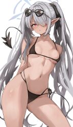 Rule 34 | 1girl, absurdres, bikini, black bikini, blue archive, breasts, commentary, dark skin, demon tail, eyewear on head, grey hair, halo, highres, iori (blue archive), iori (swimsuit) (blue archive), long hair, metsu end, micro bikini, navel, official alternate costume, pointy ears, small breasts, solo, sunglasses, swimsuit, tail, twintails, very long hair