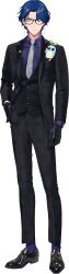 1boy aqua_eyes atarashi_atara_yo black_gloves black_jacket black_pants black_shoes black_vest blue_hair formal_clothes full_body glasses gloves grey_necktie hand_in_pocket highres jacket leos_vincent leos_vincent_(3rd_costume) long_sleeves looking_at_viewer male_focus mameneko_(leos_vincent) necktie nijisanji official_alternate_costume official_art pants purple_shirt purple_socks shirt shoes short_hair socks solo sunglasses tachi-e transparent_background tuxedo vest virtual_youtuber