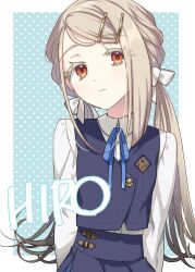Rule 34 | 1girl, arms behind back, blonde hair, blue ribbon, blue skirt, blue vest, border, character name, closed mouth, collared shirt, commentary, gakuen idolmaster, hair ornament, hair ribbon, hairclip, hatsuboshi gakuen school uniform, highres, idolmaster, kanoko y, long hair, long sleeves, looking at viewer, neck ribbon, orange eyes, outside border, polka dot, polka dot background, ribbon, school uniform, shinosawa hiro, shirt, skirt, solo, twintails, vest, white border, white shirt