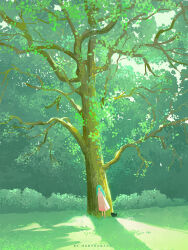 1girl aqua_hair artist_name black_cat bush cat commentary_request day dress faceless faceless_female field forest grass highres huhv. long_hair nature original outdoors pink_dress scenery shade shadow solo standing straight_hair sunlight tree very_wide_shot