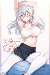 Rule 34 | 1girl, armpits, arms up, bare shoulders, black shorts, breasts, character request, cinu, cleavage, closed mouth, commentary request, copyright request, crop top, glasses, highres, large breasts, long hair, looking at viewer, midriff, navel, one eye closed, pantyhose, ponytail, round eyewear, shirt, short shorts, shorts, sitting, sleeveless, sleeveless shirt, solo, sports bra, sweat, white hair, white pantyhose, white shirt, yellow-framed eyewear, yellow eyes