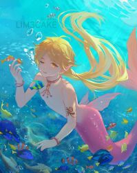 1boy aether_(genshin_impact) blonde_hair bracelet clownfish earrings fingernails fins fish genshin_impact head_fins highres jewelry lim3cake male_focus merman monster_boy one_eye_closed ponytail single_earring topless_male underwater yellow_eyes