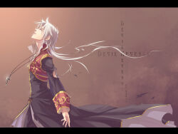 1boy black_coat brown_background chinese_commentary closed_eyes coat commentary_request cowboy_shot cross cross_necklace english_text gold_trim head_back jewelry letterboxed long_hair long_sleeves male_focus multicolored_coat necklace niuya open_mouth priest_(ragnarok_online) ragnarok_online red_coat solo torn_clothes torn_coat two-tone_coat wind
