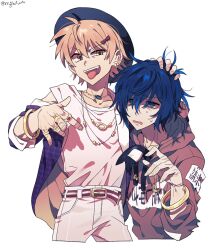 2boys :p bangle belt black_hat blonde_hair blue_eyes blue_hair bow bracelet brothers commentary_request cropped_legs drawstring genderswap genderswap_(ftm) grey_hoodie hair_bow hand_on_another&#039;s_head hat hood hoodie jacket jewelry long_sleeves male_focus multiple_boys necklace pants purple_jacket re_ghotion red_bow ring shirt short_hair short_sleeves siblings simple_background stuffed_animal stuffed_cat stuffed_toy tongue tongue_out touhou white_background white_pants white_shirt yellow_eyes yorigami_jo&#039;on yorigami_shion