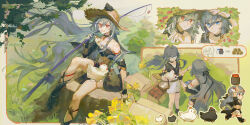 2girls ? absurdres animal animal_on_head bird bird_on_head black_boots black_choker black_ribbon black_shirt blue_eyes boots box chicken chinese_commentary choker coin commentary_request fishing_rod fu_hua fu_hua_(night_squire) fu_hua_(rustic_noir) hair_ribbon hat herrscher_of_sentience highres holding holding_fishing_rod honkai_(series) honkai_impact_3rd jar long_hair multiple_girls on_head open_mouth red_eyes ribbon shirt shorts sitting sitting_on_tree_stump sleeveless sleeveless_shirt smile very_long_hair white_shorts xiaoxiaoanye