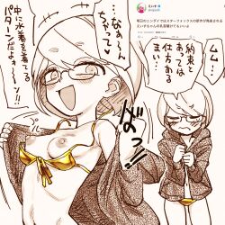 Rule 34 | 1girl, :d, bikini, breasts, commentary request, eisu-chan (eisu), eisu (eith), flashing, glasses, gold bikini, golden week, highres, nipples, open mouth, original, sepia, shiny swimsuit, short hair, simple background, small breasts, smile, spot color, swimsuit, translation request, white background