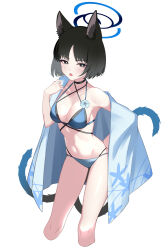 1girl absurdres animal_ears bikini black_hair blue_archive blue_bikini blue_haori blush breasts cat_ears cat_girl cat_tail cleavage fake_animal_ears grey_eyes haori highres japanese_clothes kikyou_(blue_archive) kikyou_(swimsuit)_(blue_archive) kurosaki_saya large_breasts looking_at_viewer multiple_tails navel official_alternate_costume open_mouth single_bare_shoulder solo swimsuit tail two_tails