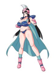 1girl armor bikini_armor black_eyes black_hair boots breasts chi-chi_(dragon_ball) dragon_ball dragon_ball_(classic) epaulettes g9vikwhhwh63222 gloves helmet highres large_breasts long_hair midriff open_mouth pink_boots pink_gloves pink_helmet plump white_background