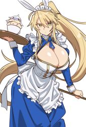 Rule 34 | 1girl, absurdres, artoria pendragon (fate), artoria pendragon (lancer) (fate), blonde hair, blush, breasts, cleavage, dress, ebora, fate/grand order, fate (series), green eyes, highres, large breasts, long hair, long sleeves, looking at viewer, ponytail, sidelocks, solo